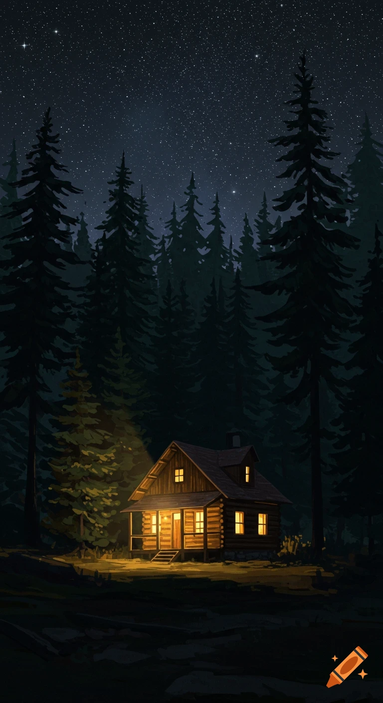 A log cabin is lit up in a dark forest at night under a starry sky.