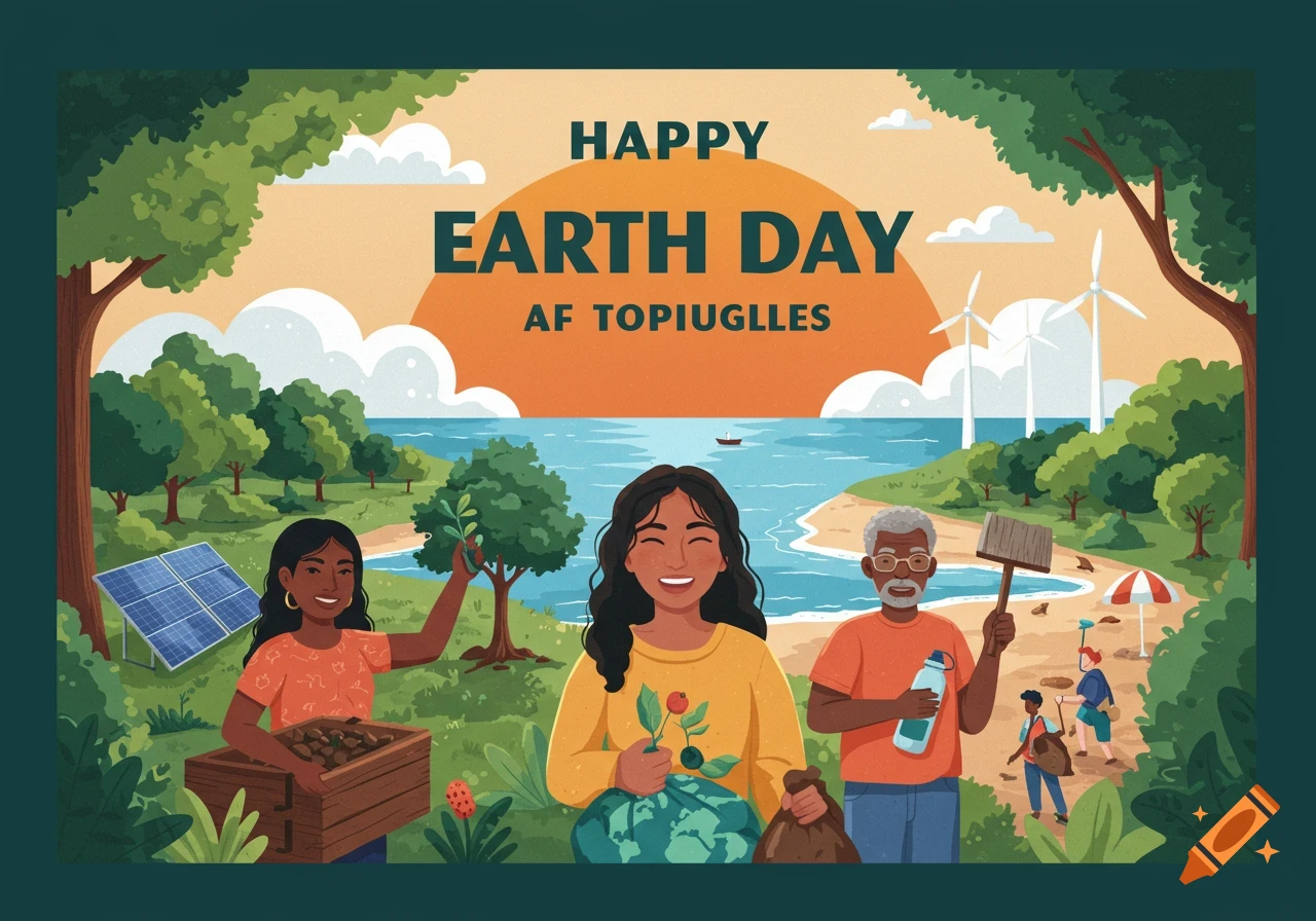 People celebrating Earth Day: planting trees, cleaning up, with solar panels, wind turbines, and ocean view.