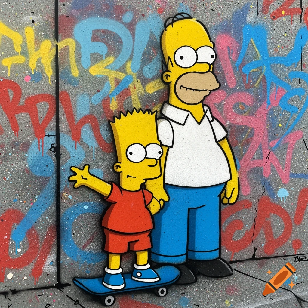 Stencil art painting of Bart Simpson on a skateboard and Homer Simpson standing in front of a graffiti wall.