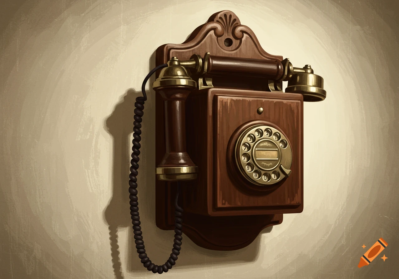Antique wooden wall-mounted telephone with a brass rotary dial.