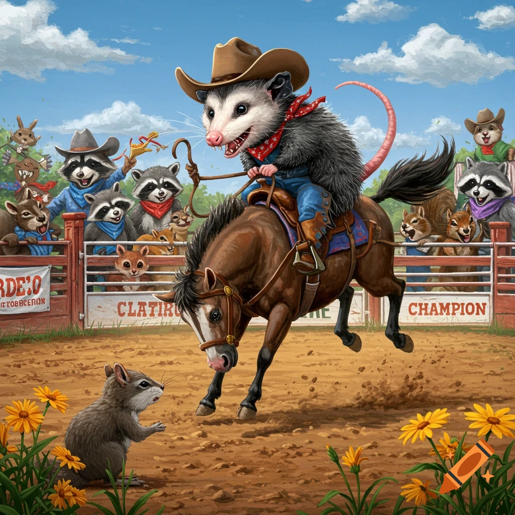 A possum rides a horse in a rodeo watched by other animals.
