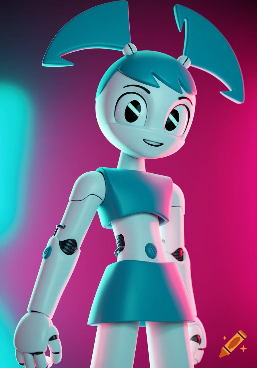 A digital rendering of Jenny XJ9, a blue and white robot character, against a pink and blue background.