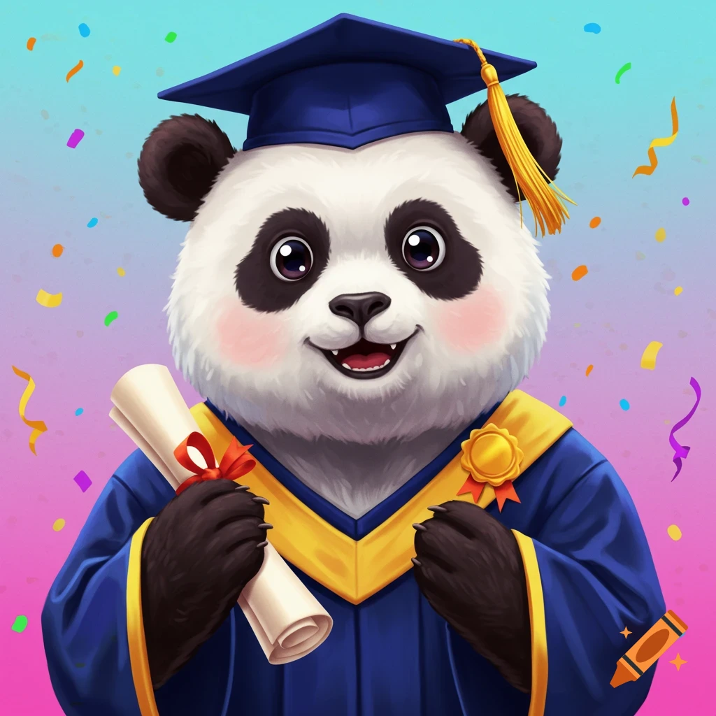 A cute panda wearing a blue graduation cap and gown, holding a diploma, with confetti falling around it.