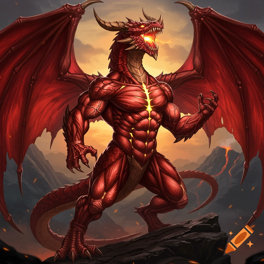 A muscular red dragon is roaring on a rock with a volcanic background.