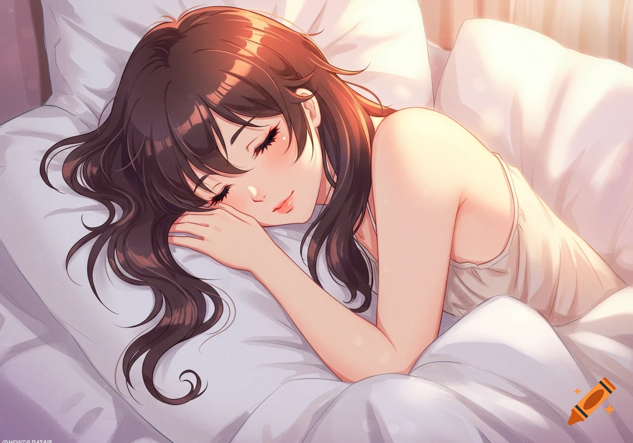 Anime girl sleeping peacefully in bed