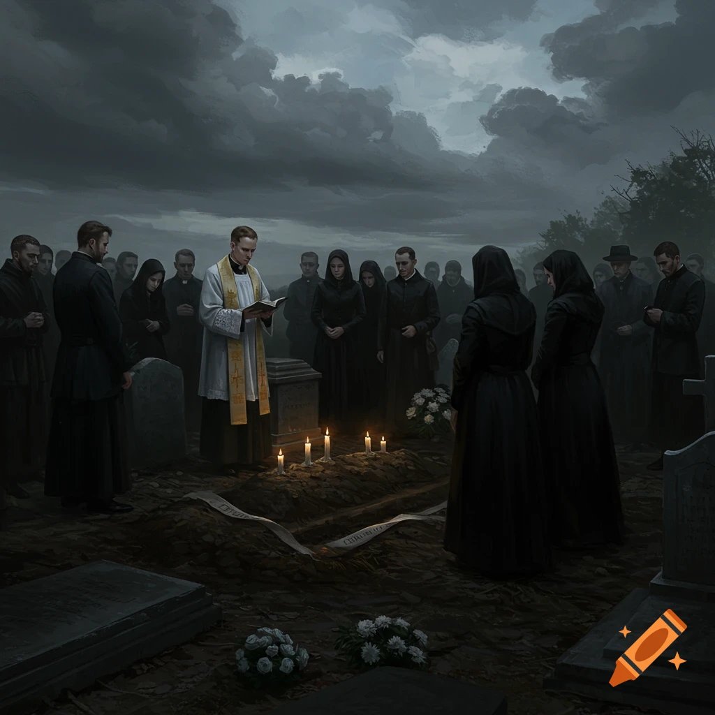 A funeral is held in a cemetery with people gathered around a grave and a priest reading.