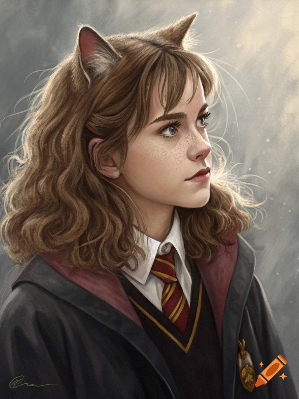 Portrait of a young woman with cat ears, wearing a school uniform, looking upward to the side.