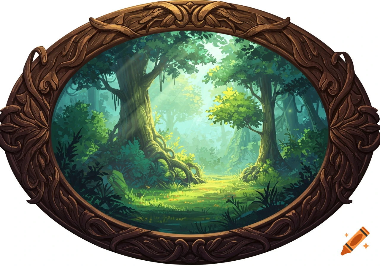 A lush forest scene in a carved oval frame.