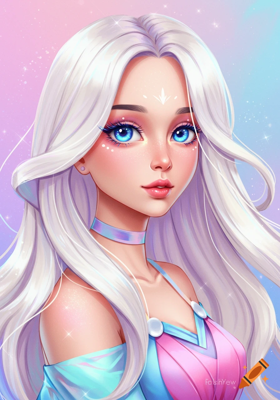 Anime portrait of a girl with long white hair and blue eyes.