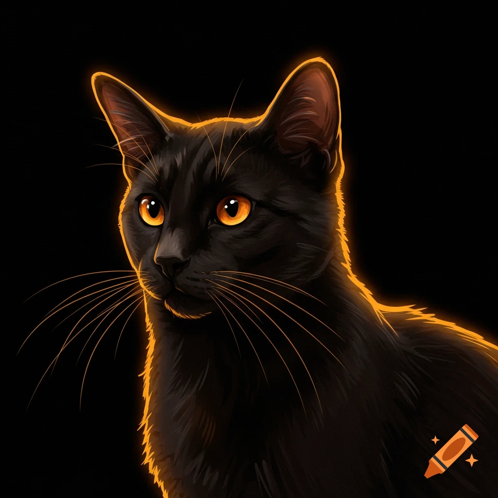 A black cat with bright orange eyes and a glowing orange outline against a black background.