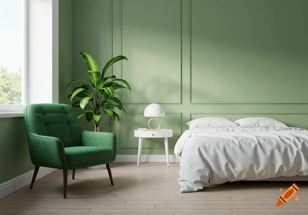 A green bedroom interior with a green armchair, large plant, white bedside table with lamp, and a bed.