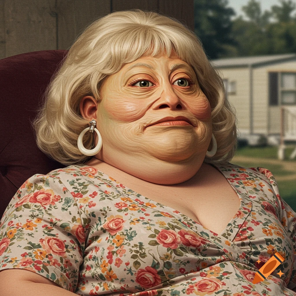 Portrait of a woman with exaggerated features sitting outside a trailer.