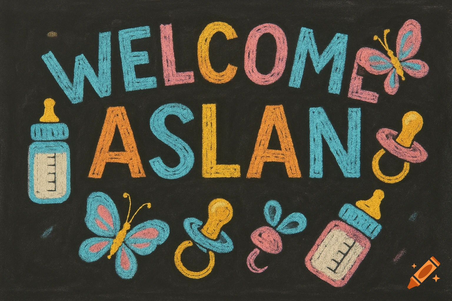 Chalk drawing on blackboard saying 'Welcome Aslan' with baby bottles, butterflies, and pacifiers.