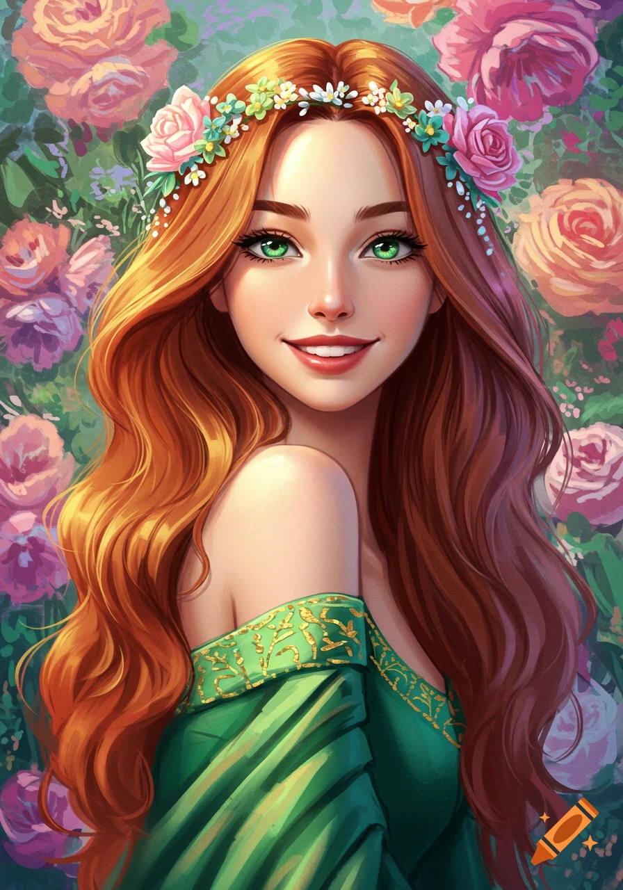 Woman with red hair and green eyes, wearing a flower crown, against a floral background.