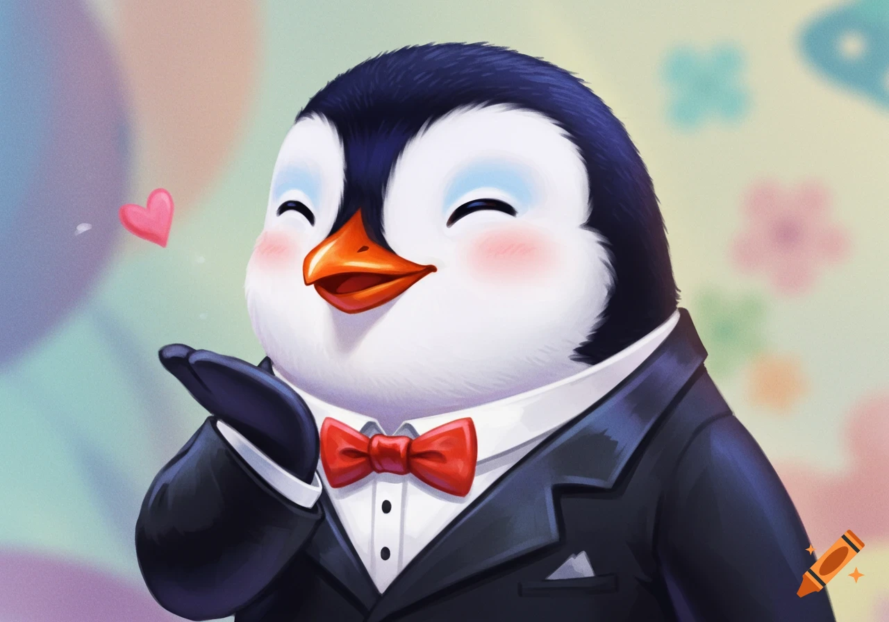 A cute cartoon penguin in a tuxedo blowing a kiss with a heart.