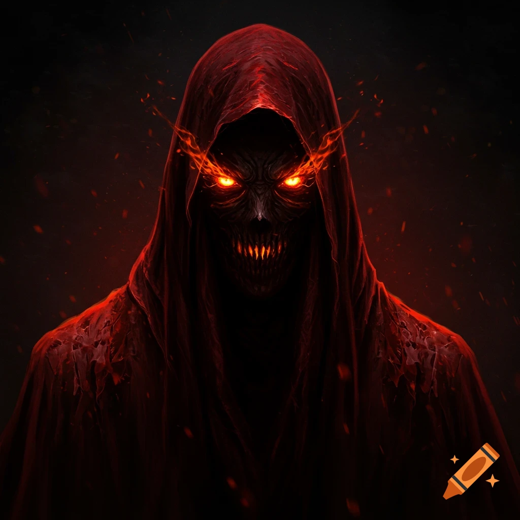 A close-up of a dark hooded figure with glowing red eyes and sharp teeth, with red speckles around.