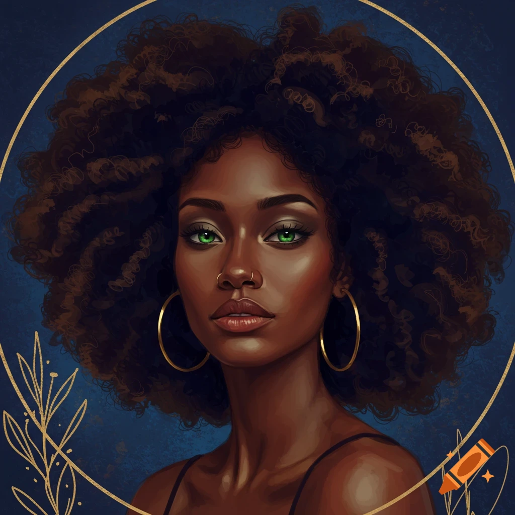Portrait of a Black woman with voluminous dark hair and green eyes