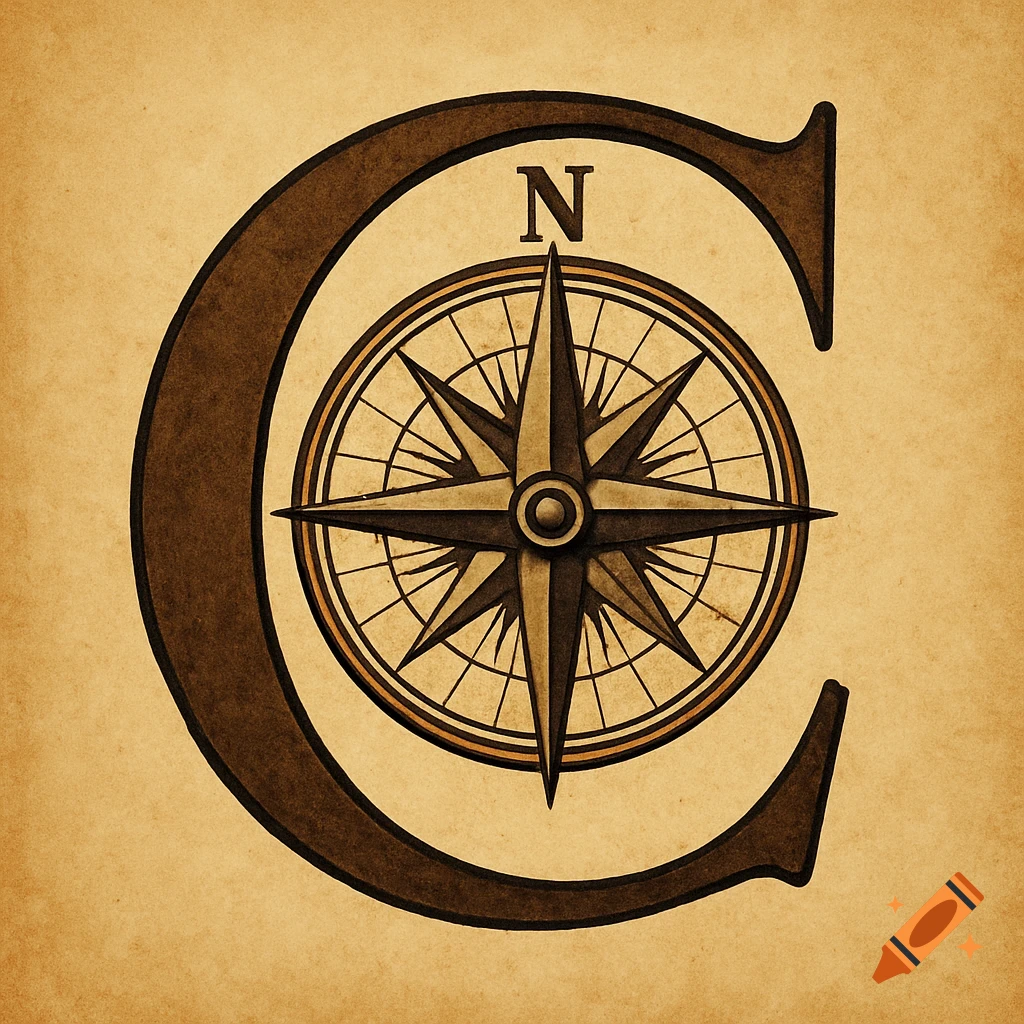 Vintage illustration of a letter C containing a compass rose with an N pointing North.