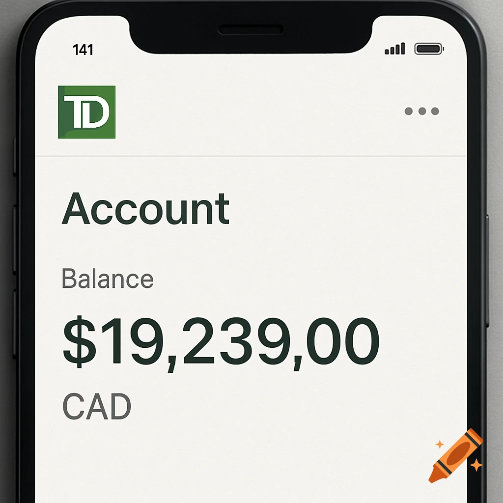 Close-up of a phone screen showing a TD bank account balance of $19,239.00 CAD.