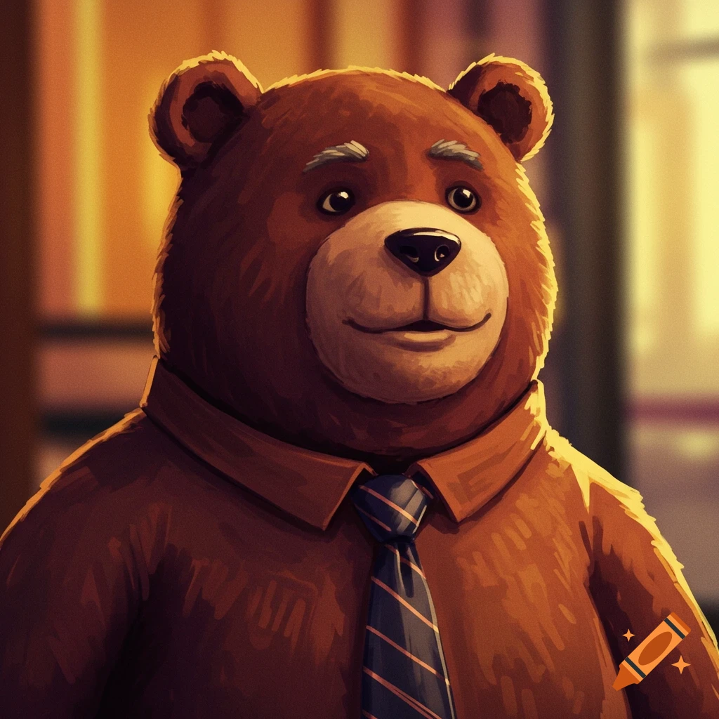 A chubby brown bear wearing a shirt and tie.