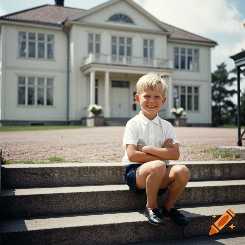 Vintage photo of a smiling boy sitting on steps in front of a large white house