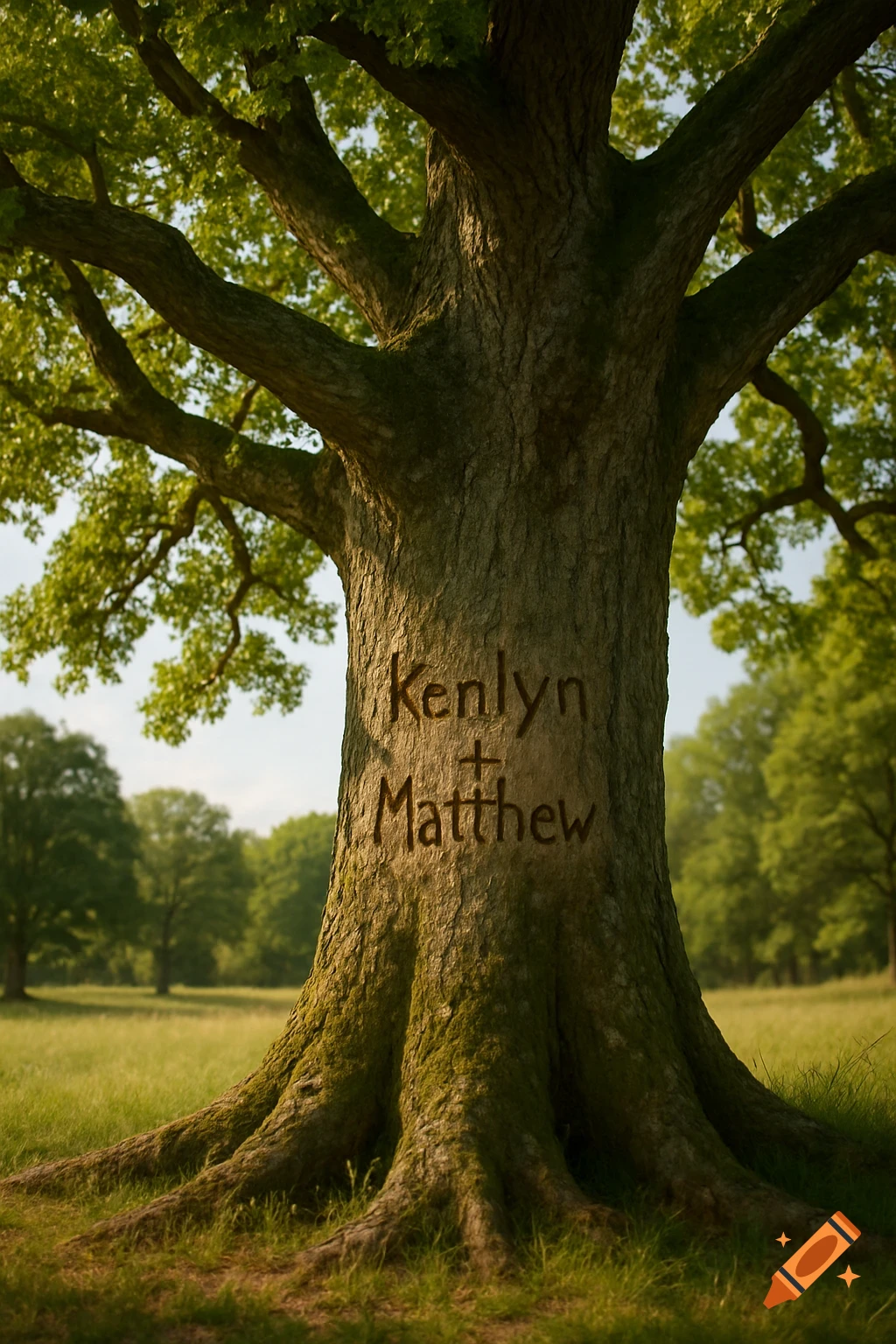 A large oak tree with 'Kenlyn + Matthew' carved into its trunk in a sunny field.