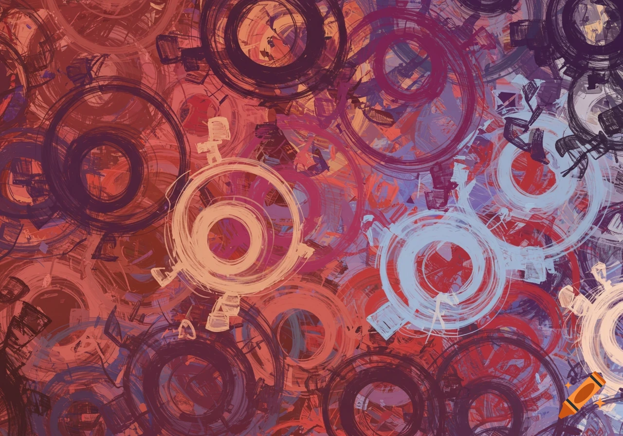 Abstract image with overlapping circles and brushstrokes in red, purple, blue, and beige.