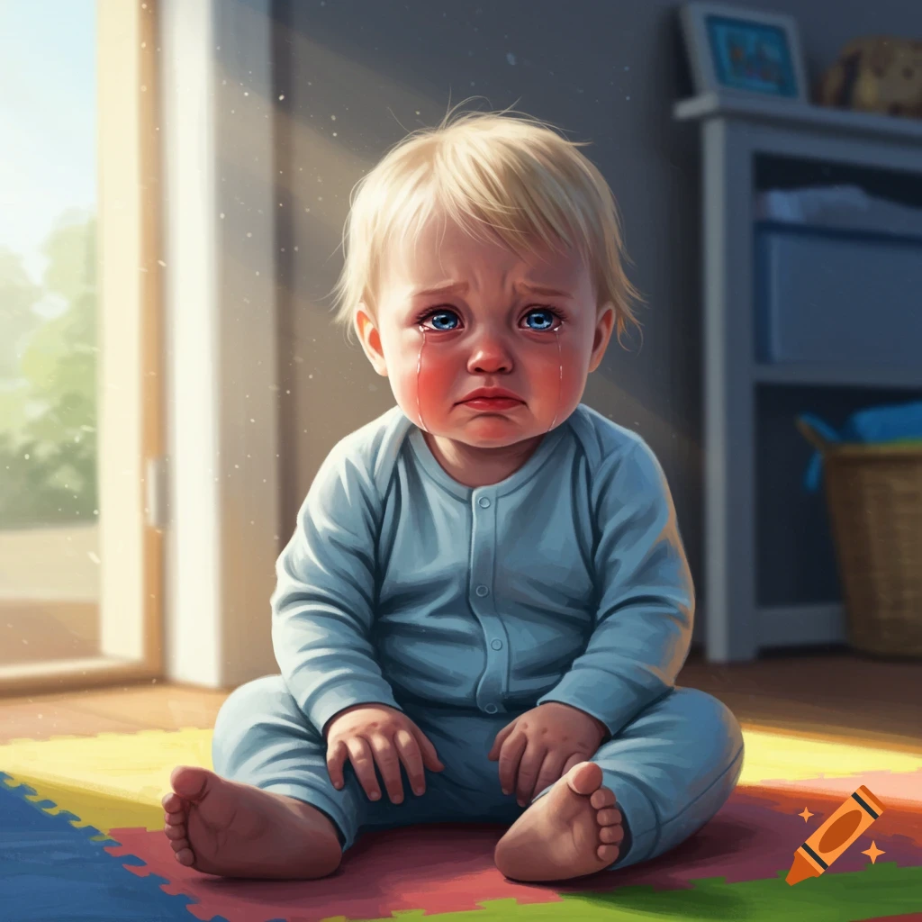 A sad baby sits on a playmat, crying.