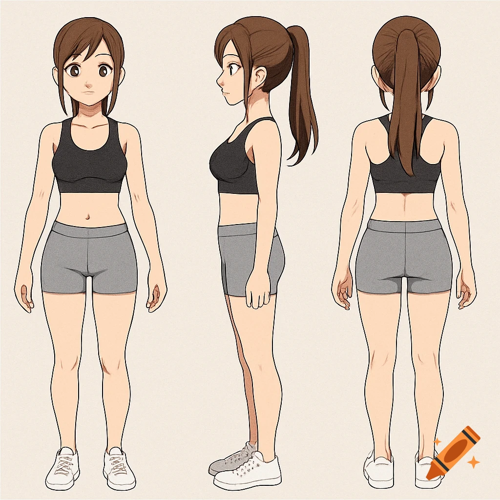 Anime character model sheet of a girl in a sports bra and shorts, front, side, and back views.