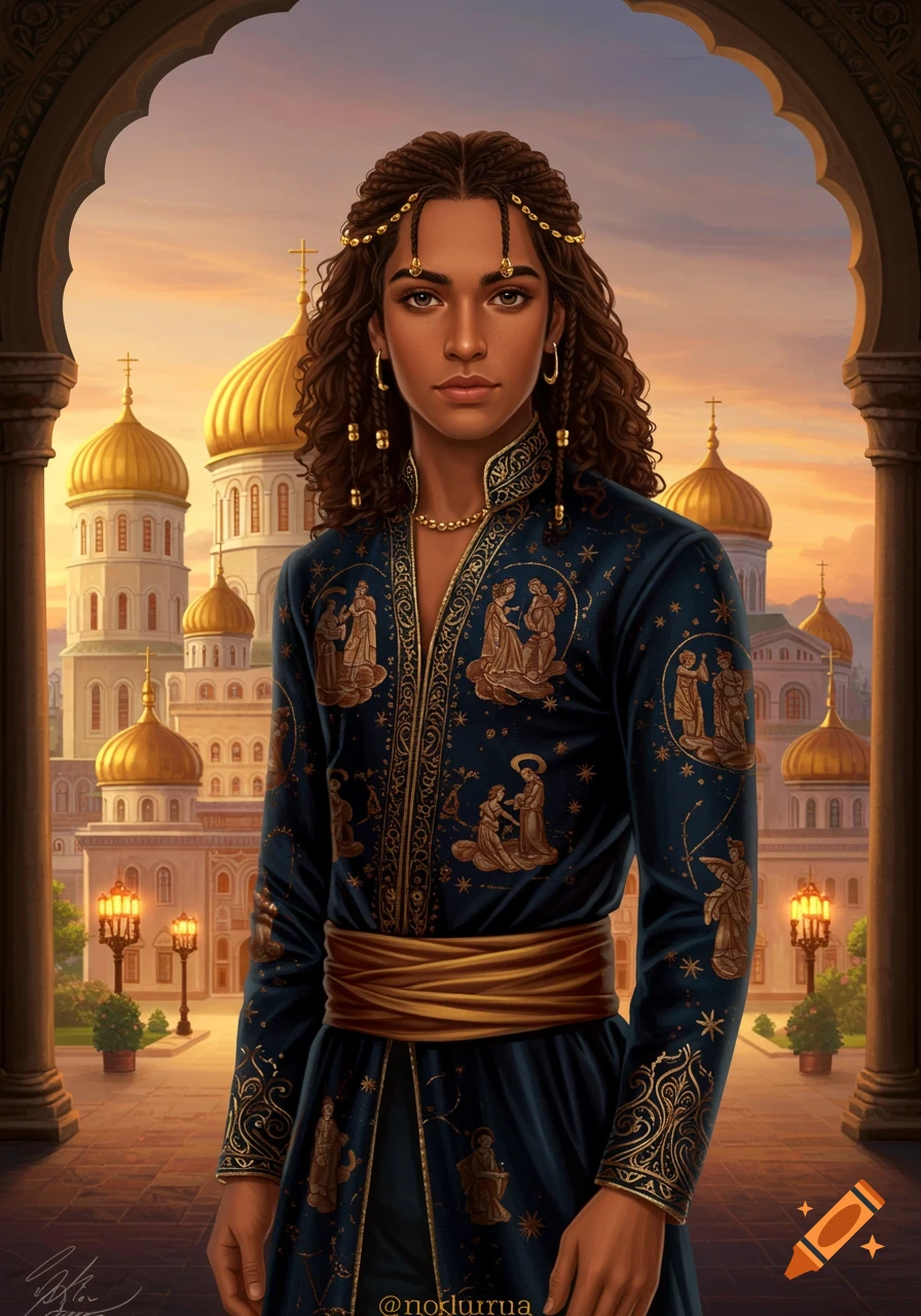 A person in ornate blue and gold clothing stands before buildings with golden domes at sunset.