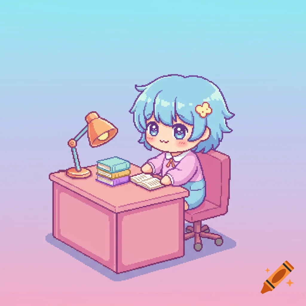 Pixel art of a cute anime character studying at a desk.