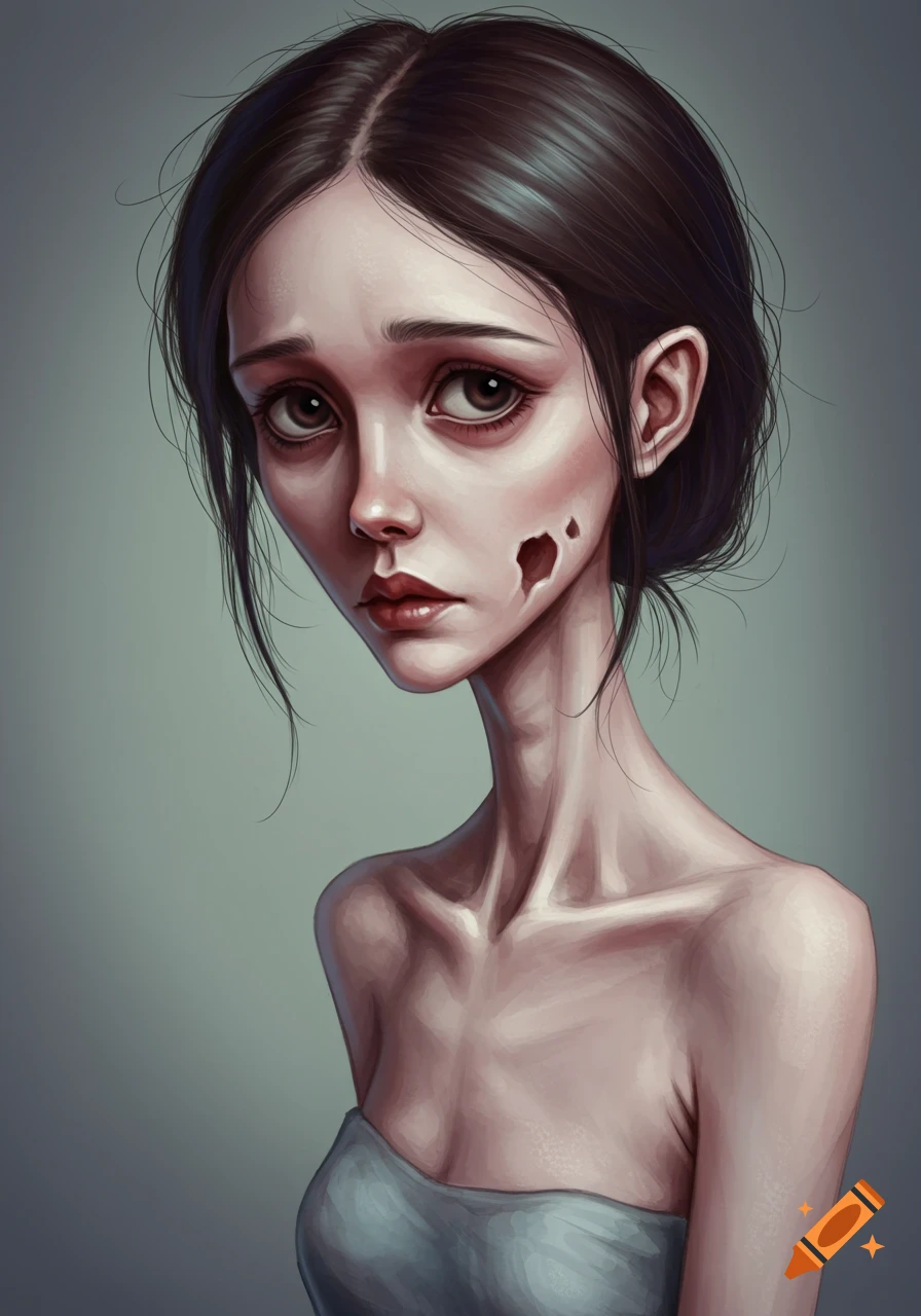 Portrait of a gaunt woman with dark hair and stylized dark marks on her cheek.