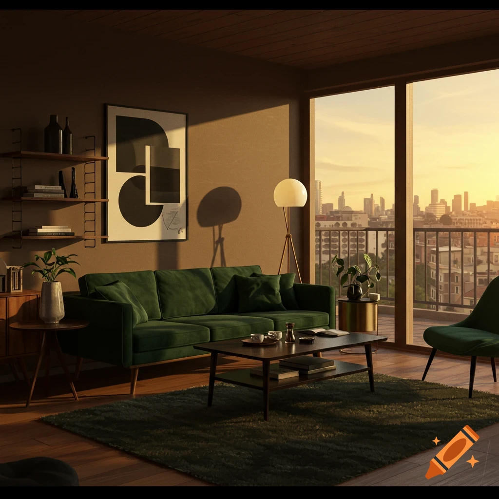 A mid-century modern living room with green furniture overlooking a city at sunset.