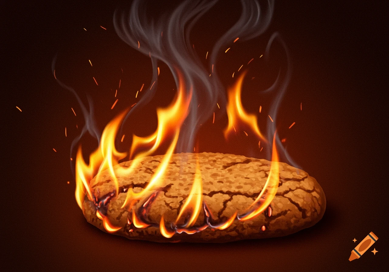 A spice cookie burning with fire, smoke, and sparks on a dark background.