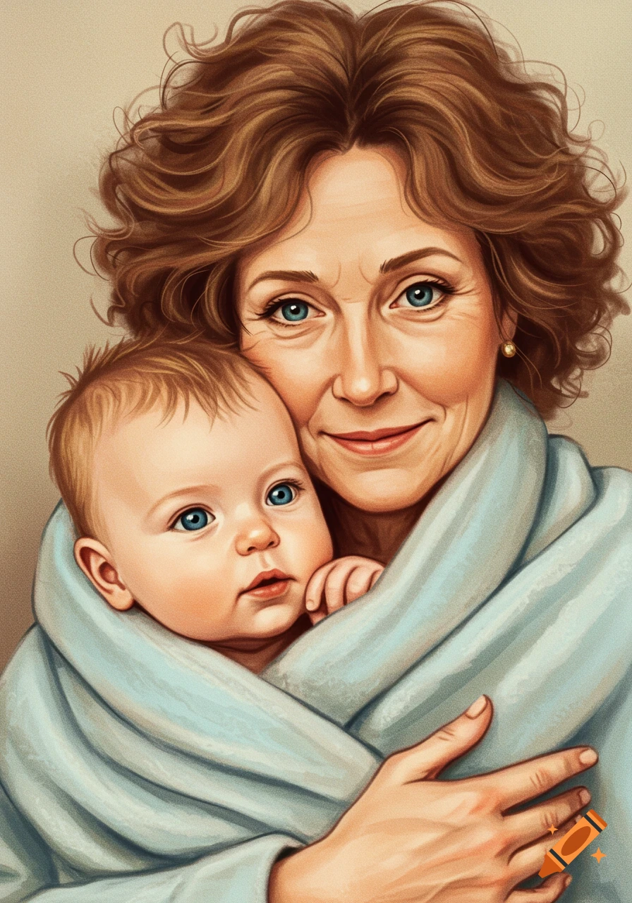 A grandmother cradles a baby in a blue blanket.