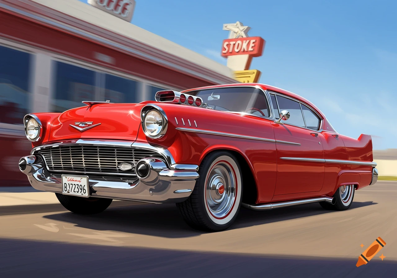 A red classic car drives past a diner.