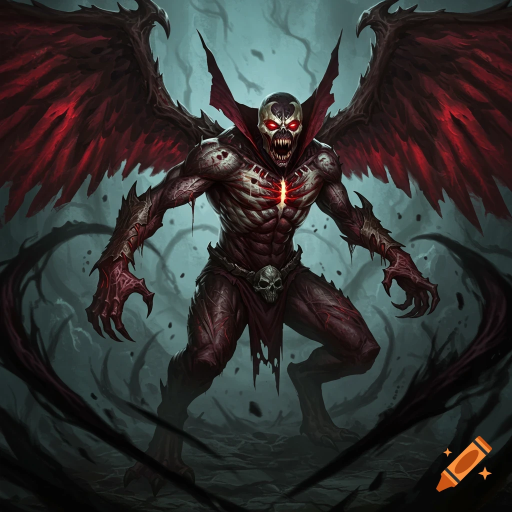 A fearsome winged demonic creature with claws and glowing eyes stands in a dark fantasy setting.