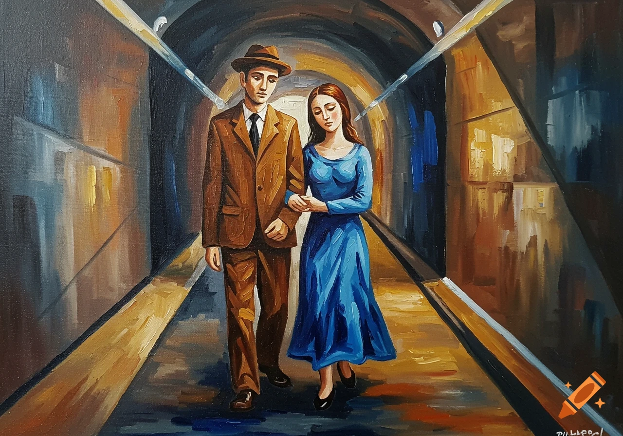 An oil painting of a man and woman walking arm-in-arm through a dimly lit tunnel.