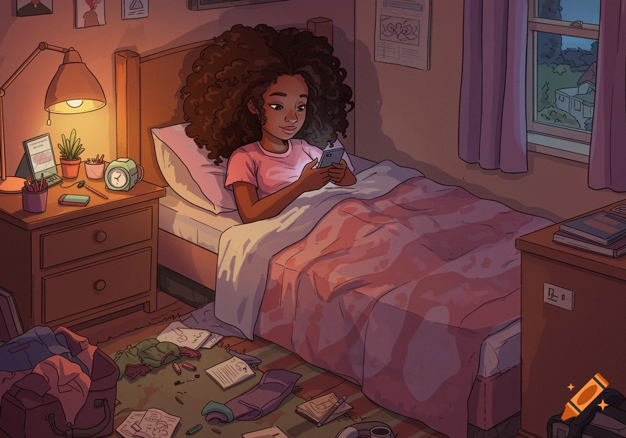 A Black teenage girl lies in a messy bedroom at night, looking at her phone. Digital illustration style.