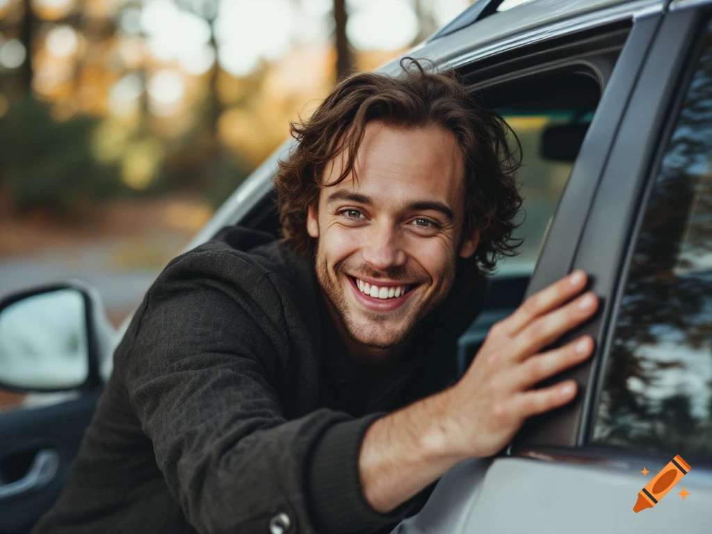 A smiling man leans out of a car door in a photorealistic portrait.