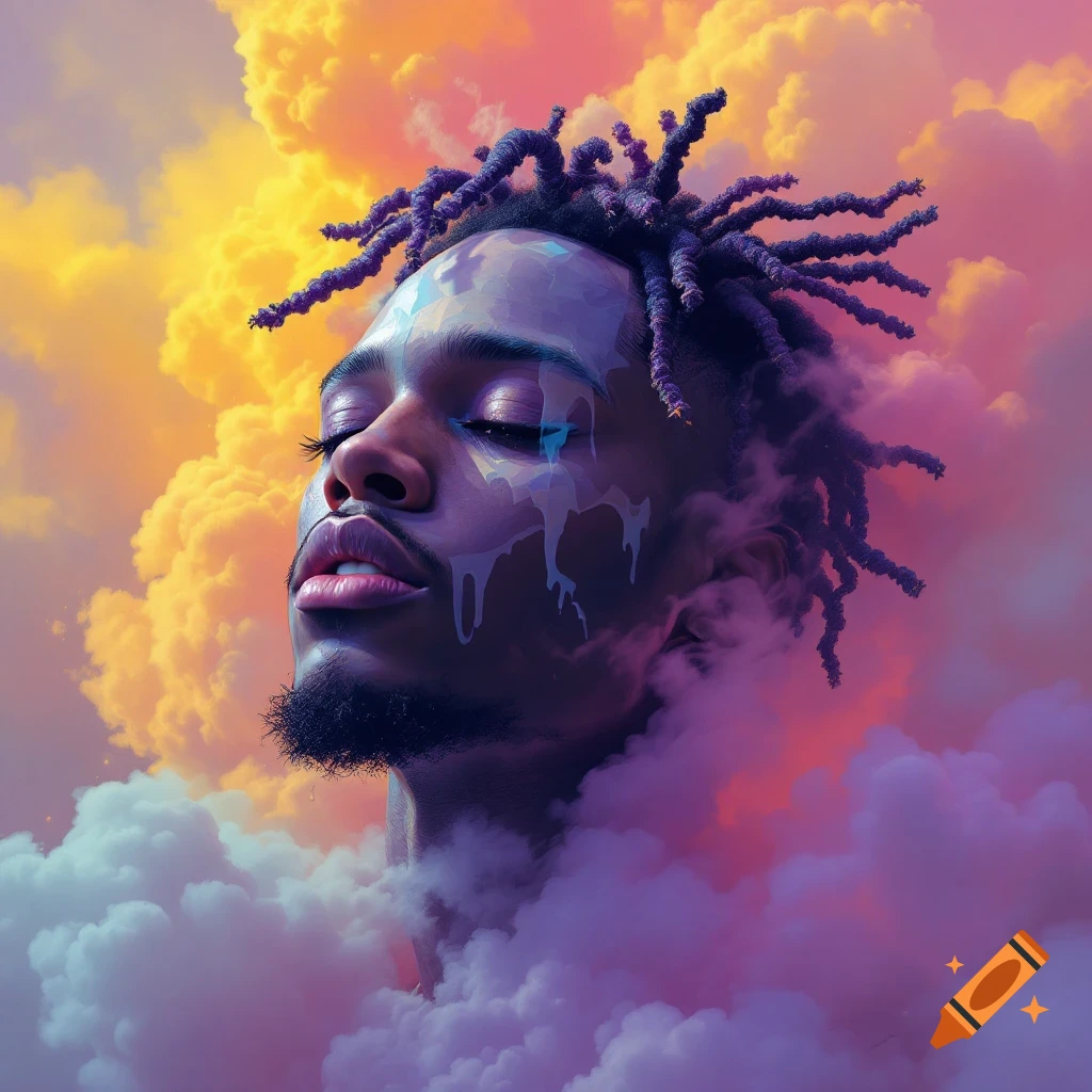 Digital portrait of a man with purple dreadlocks surrounded by colorful clouds.