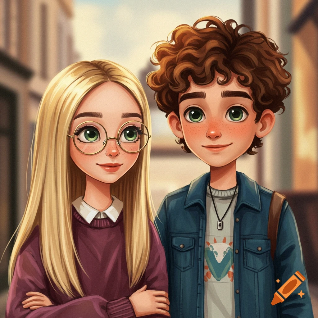 Cartoon illustration of a blonde girl with glasses and a boy with curly brown hair standing close together on a street.