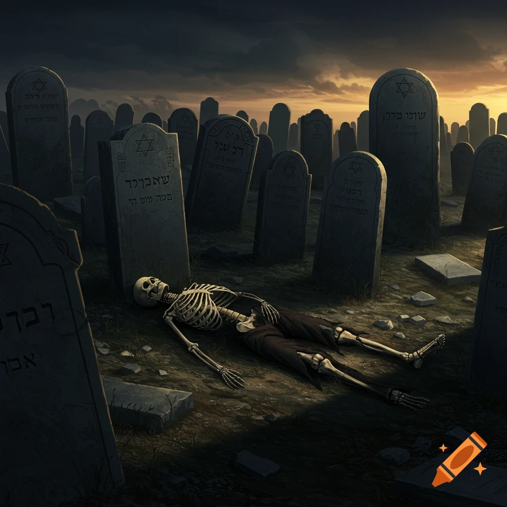 A skeleton lies in a Jewish cemetery at sunset.