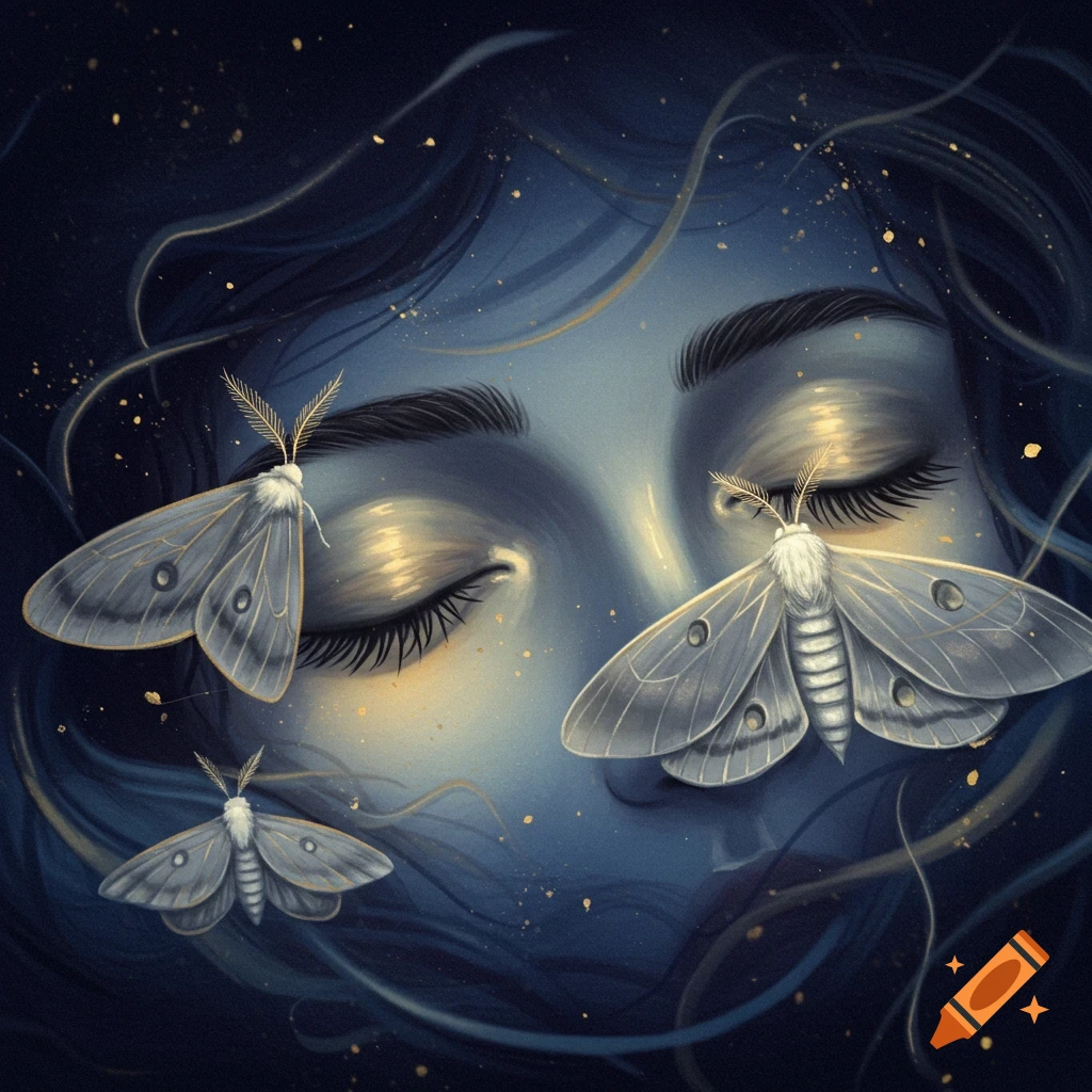 A sleeping face with closed eyes and moths, in a dark, dreamy style.