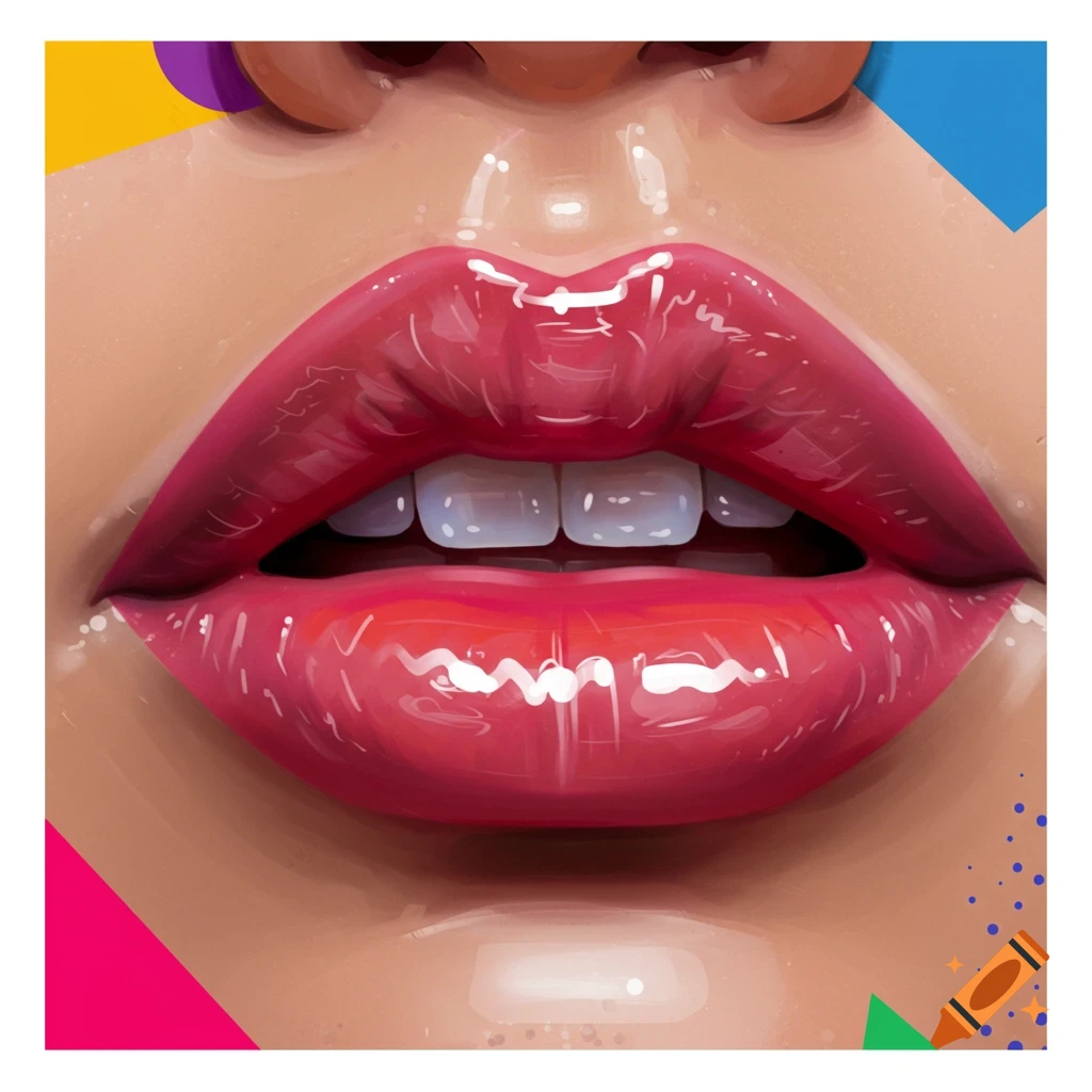 A close-up of glossy red lips and white teeth set against a colorful geometric background.