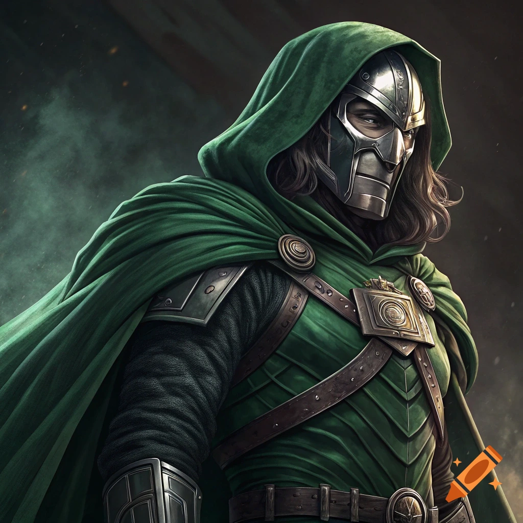 Portrait of a character resembling Doctor Doom in armor and green hood.