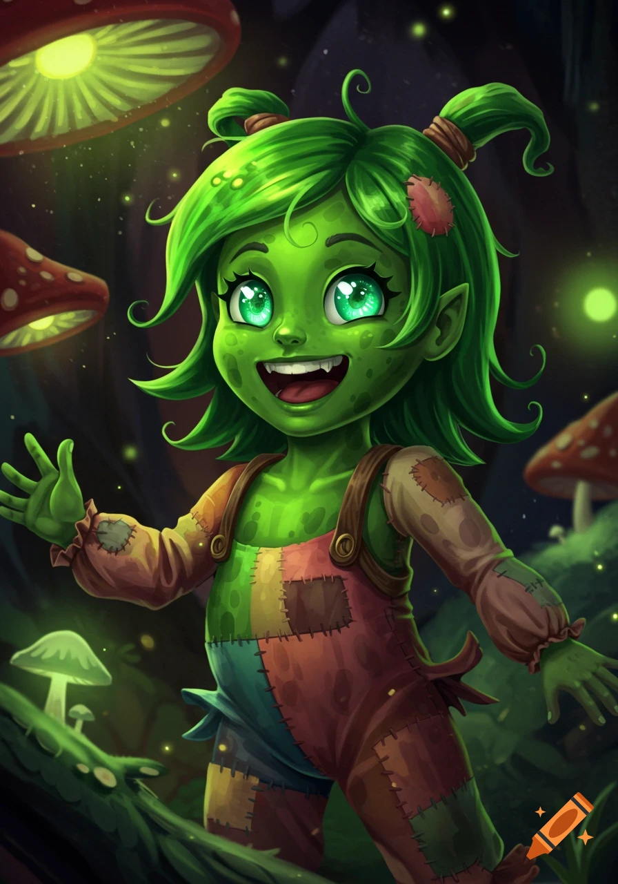 Smiling green fantasy creature with patchwork overalls in a glowing mushroom forest.