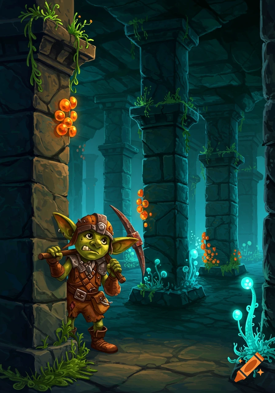 Cartoon goblin miner holds a pickaxe in a dark dungeon with glowing mushrooms.