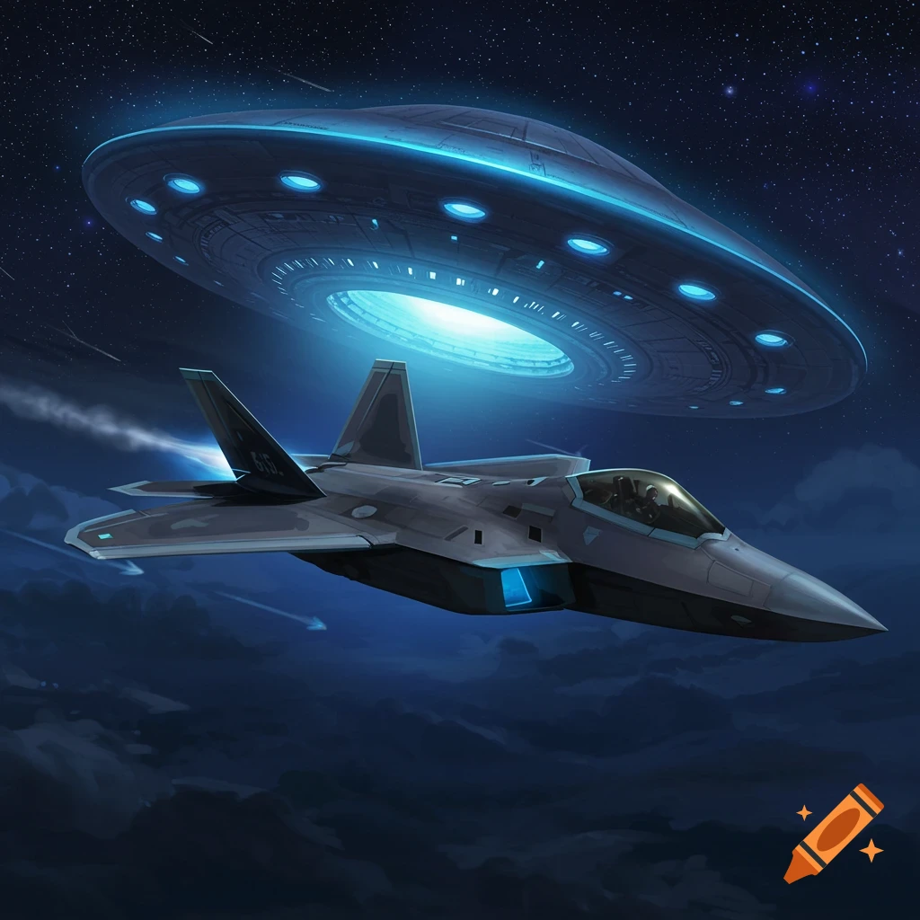 A futuristic fighter jet flies past a glowing UFO in a starry night sky.