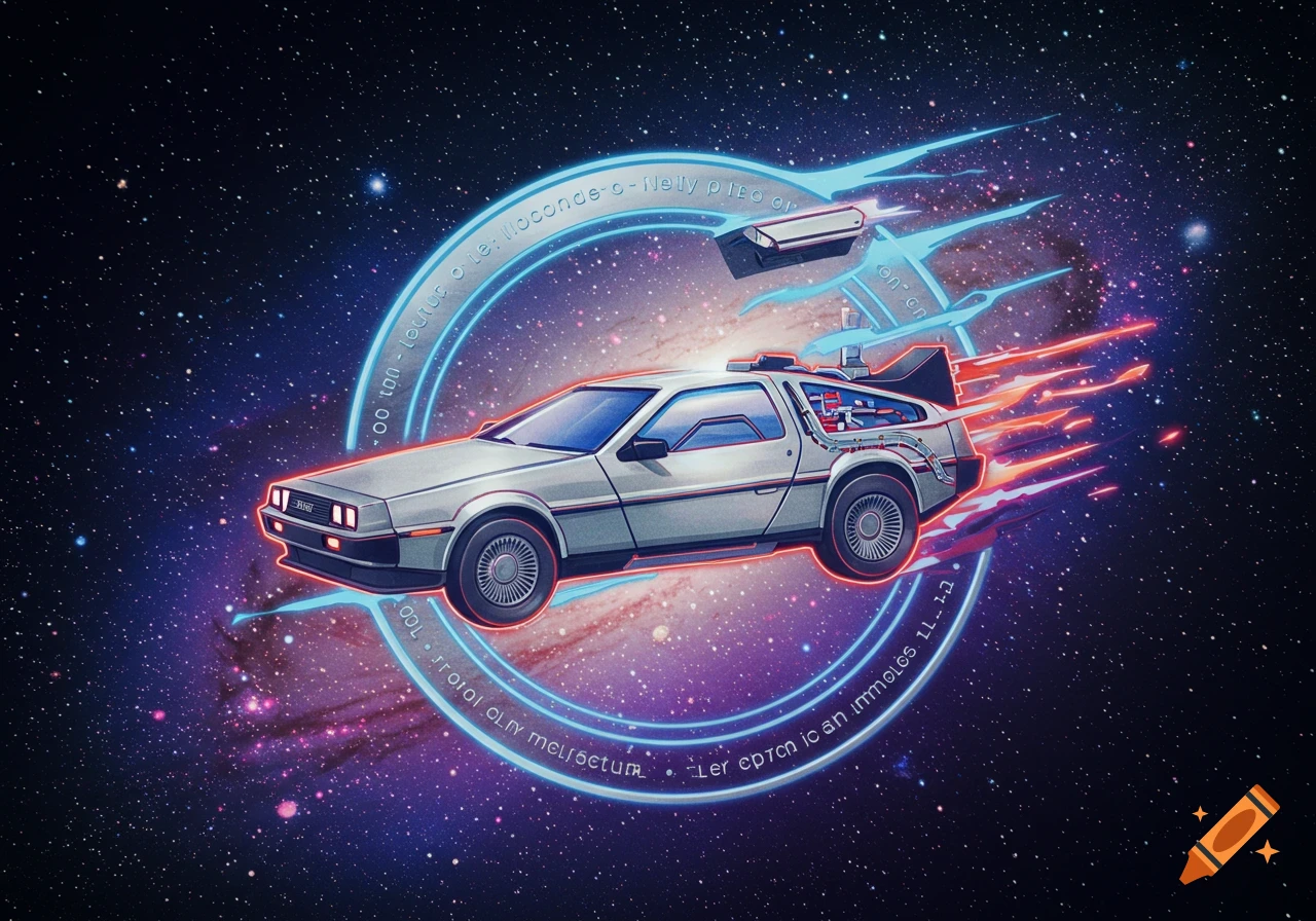 A silver futuristic car flies through space.